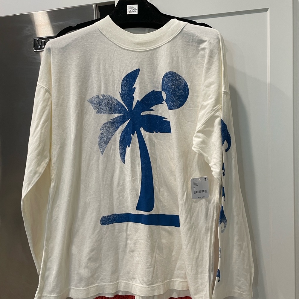 Free People White and Blue Long Sleeve Palm tree tee